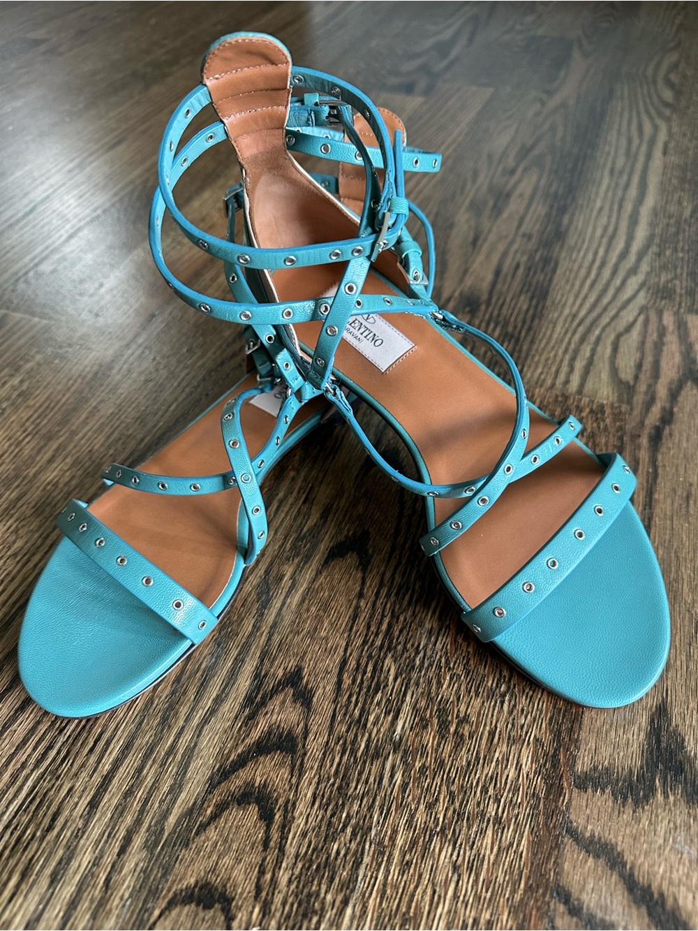 Valentino Turquoise Rockstud Strappy Leather Sandals
